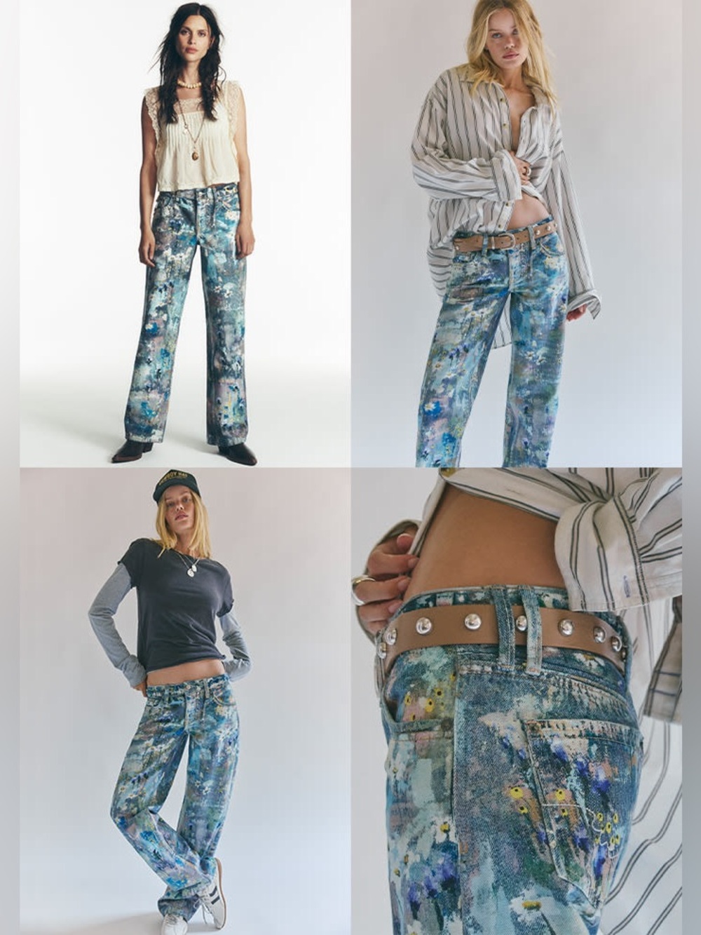Free People Tennessee Low Rise Illusion Jeans Floral Canvas Paint Splatter Sz 27
